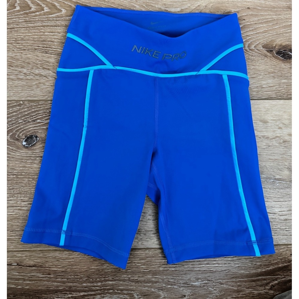 Nike Pro Dri-FIT Shorts Womens XS Blue Light Blue Piping 7" DQ6298-405